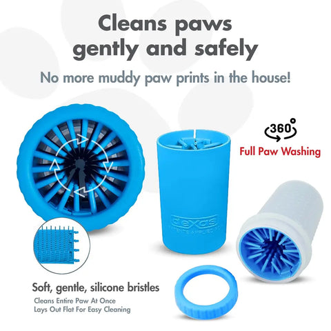 Exploded view of a blue dog paw cleaner showing soft removable silicone bristles inside