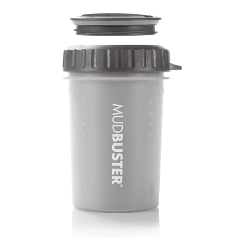 Light gray MudBuster dog paw washer cup with matching dark gray travel lid detached