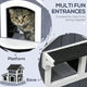 Infographic highlighting the multiple entrances, platform, and eave design of the outdoor weatherproof cat condo.