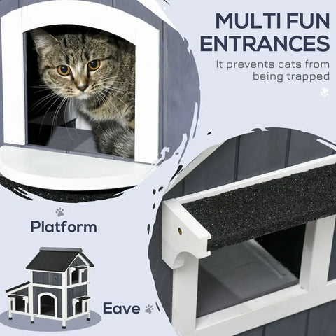 Infographic highlighting the multiple entrances, platform, and eave design of the outdoor weatherproof cat condo.