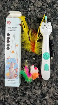 Unboxed multi-function retractable cat teaser toy set with packaging, USB cable, and feather attachments