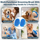 Collage showing handheld silicone brush used for washing, deshedding, and massaging different dog breeds.