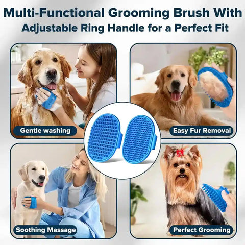 Collage showing handheld silicone brush used for washing, deshedding, and massaging different dog breeds.