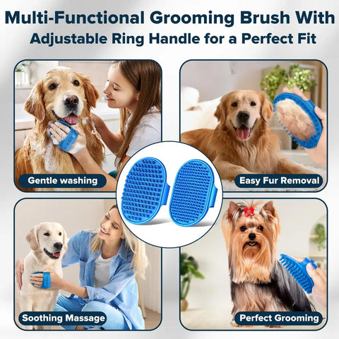 Collage showing handheld silicone brush used for washing, deshedding, and massaging different dog breeds.