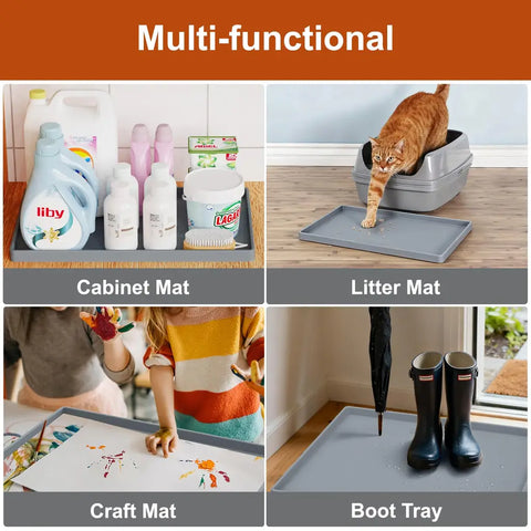 Four-panel image showing multi-functional uses of the silicone tray as a cabinet organizer, cat litter mat, kids craft mat, and muddy boot tray