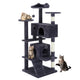 Multi-level Deep blue cat tree tower with condos, scratching posts, ladders, and perches featuring multiple tabby cats playing.