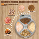 Top view of 5 compartment rotating tray filled with dry food, canned food, wet food, and snacks