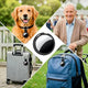 Tracking device attached to a dog collar, suitcase, and backpack.