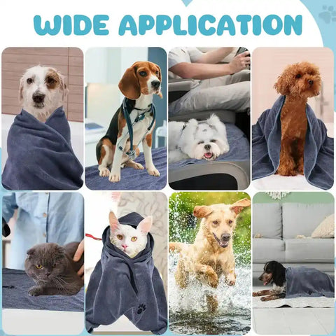 A collage of various dogs and cats using the gray microfiber towel for drying after swimming, during vet visits, as a car seat protector, and as a cozy pet blanket.