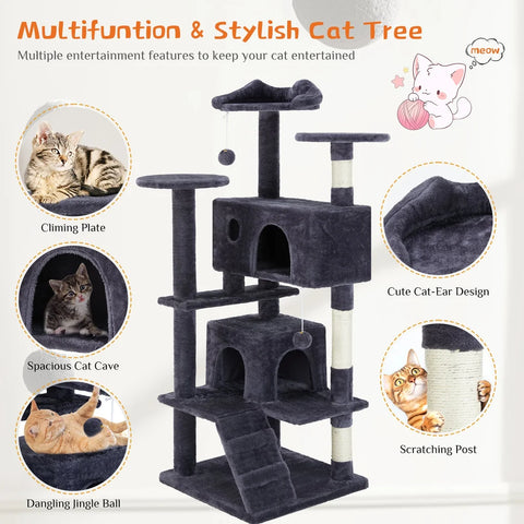 Product feature breakdown for a Deep blue cat condo showcasing perches, sisal scratching posts, a cozy cat cave, and a dangling ball.