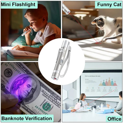 Four-in-one usage demonstration showing mini flashlight, cat toy, banknote verification, and office presentation modes
