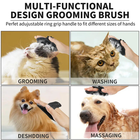 Multifunctional silicone pet grooming brush used for washing, deshedding, and massaging dogs and cats.