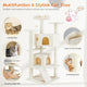 Infographic detailing features of a stylish Beige cat tower including a climbing plate, spacious cat cave, scratching posts, and cat-ear design perch.