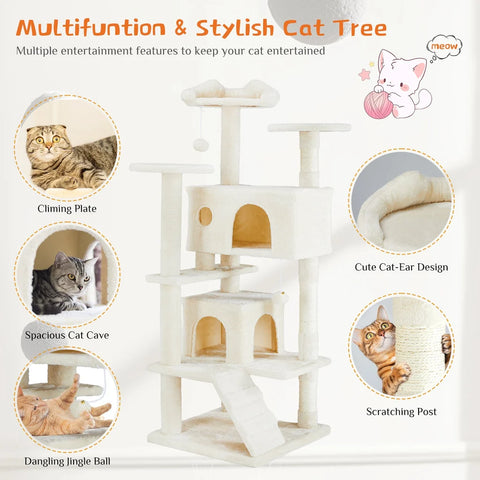 Infographic detailing features of a stylish Beige cat tower including a climbing plate, spacious cat cave, scratching posts, and cat-ear design perch.