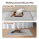 Multifunctional grey silicone mat used as both a cat litter box mat and a pet food bowl mat