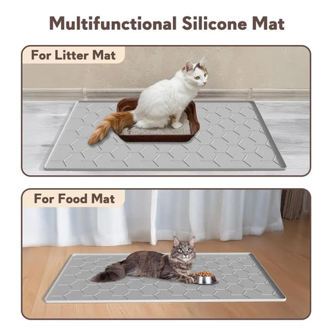 Multifunctional grey silicone mat used as both a cat litter box mat and a pet food bowl mat