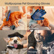 Four-panel infographic demonstrating pet grooming glove uses: grooming a cat, de-shedding fur, bathing a dog with soap, and massaging a pet