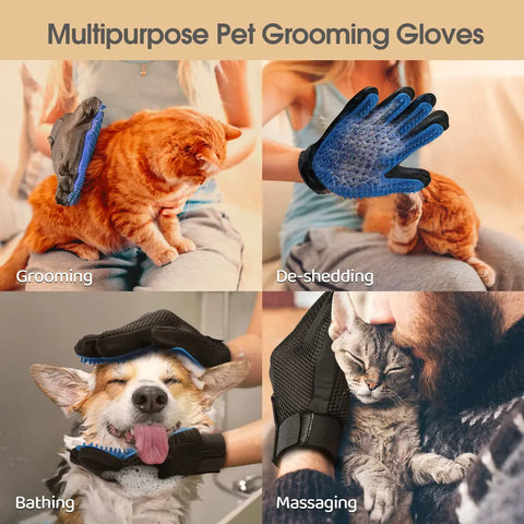 Four-panel infographic demonstrating pet grooming glove uses: grooming a cat, de-shedding fur, bathing a dog with soap, and massaging a pet