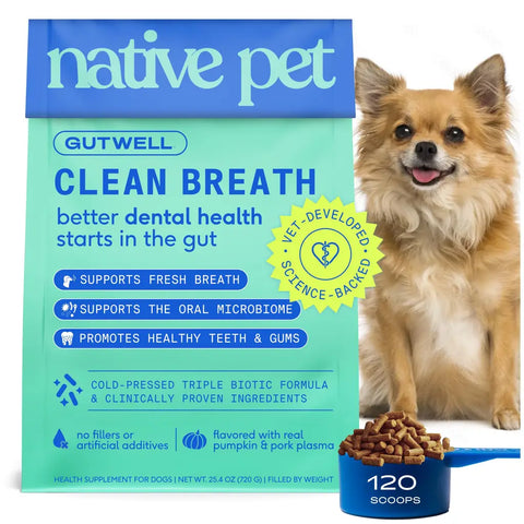 120 count value size pouch of Native Pet GutWell Clean Breath better dental health supplement for dogs.