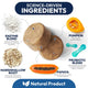 Product ingredient breakdown showing natural components of the dog chew: enzyme blend, pumpkin, marshmallow root, papaya, and a 6-strain probiotic blend.