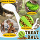 Details of a green natural rubber dog treat ball showing how the rubber spikes clean dog teeth, dispense dry treats, and improve a puppy's intellect through interactive play.