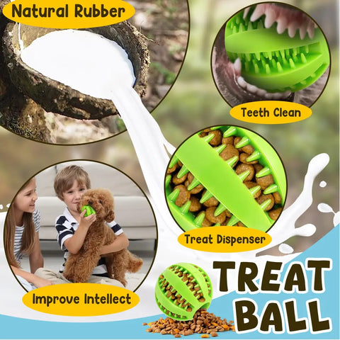Details of a green natural rubber dog treat ball showing how the rubber spikes clean dog teeth, dispense dry treats, and improve a puppy's intellect through interactive play.