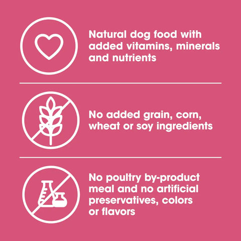 Product feature icons showing Nature's Recipe dog food has no added grain, corn, wheat, soy, poultry by-product meal, or artificial preservatives.