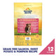 Back packaging of Nature's Recipe Grain Free Salmon dog food showing health benefits, daily feeding guidelines chart, and nutritional statement.