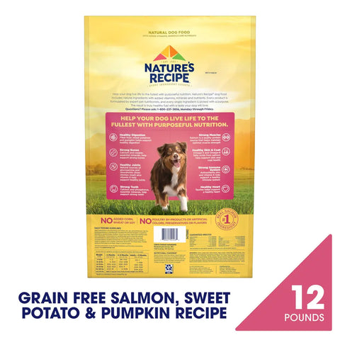 Back packaging of Nature's Recipe Grain Free Salmon dog food showing health benefits, daily feeding guidelines chart, and nutritional statement.