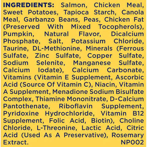 Complete ingredients list for Nature's Recipe Grain Free Salmon dog food showing real salmon as the first ingredient.