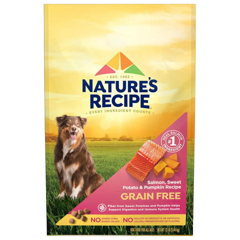 Nature's Recipe Grain Free Salmon, Sweet Potato & Pumpkin Recipe dry dog food 12 lb bag front view featuring an Australian Shepherd dog.