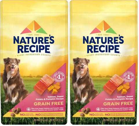Two 4 lb bags of Nature's Recipe Grain Free Salmon, Sweet Potato & Pumpkin dry dog food side by side.
