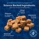 Close-up of NaturVet Quiet Moments soft chews highlighting key ingredients: Thiamine, Ginger, Chamomile, and Melatonin.