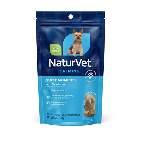 NaturVet Quiet Moments Calming Supplement for dogs, 65 soft chews resealable pouch front view.