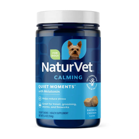 NaturVet Quiet Moments Calming Supplement for dogs, 70 soft chews bacon and chicken flavor front bottle view.