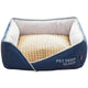 Navy blue pet bed with woven cushion and 'Pet Deep Sleep' text.