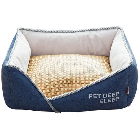 Navy blue pet bed with woven cushion and 'Pet Deep Sleep' text.