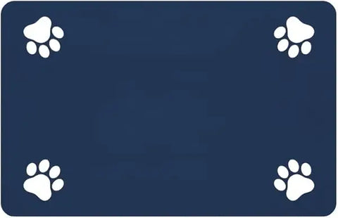 Navy blue waterproof pet feeding mat with white paw print corner designs.