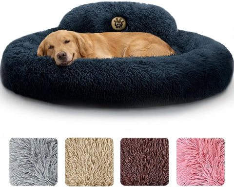 Golden retriever resting inside a large navy blue fluffy round donut pet bed