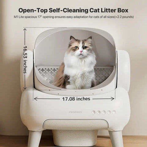 Front view of Neakasa M1 Lite automatic litter box showing dimensions of 17.08 inches wide by 16.53 inches high, demonstrating spacious opening for cats over 2.2 pounds.