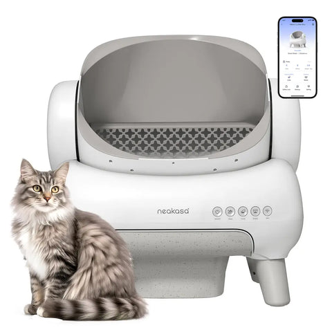 Neakasa M1 Lite automatic self-cleaning cat litter box in white, featuring open-top design, physical control buttons, and smartphone app integration.