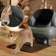 A domestic cat stepping out of the dark gray Neakasa M1 Plus automatic litter box onto a matching silicone litter tracking mat on a wooden floor.