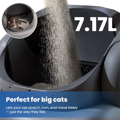 Pouring clumping cat litter into the spacious 7.17L capacity Neakasa M1 Plus automatic litter box, with an inset showing a large Bengal cat resting inside comfortably.