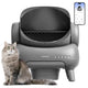 Front view of the dark gray Neakasa M1 Plus self-cleaning cat litter box with physical buttons, a fluffy longhair cat, and a smartphone displaying app controls.