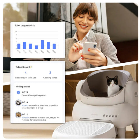 Smartphone screen displaying the Neakasa app tracking pet health metrics, cat weight data, and toilet usage frequency alongside a cat sitting in the litter box.