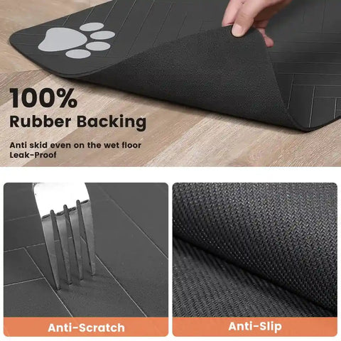 Close-up of the 100% rubber anti-skid backing and scratch-resistant surface of a pet feeding mat.