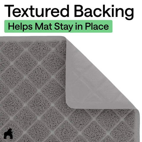 Close-up of grey cat litter mat showing its non-slip textured backing folded up at the corner