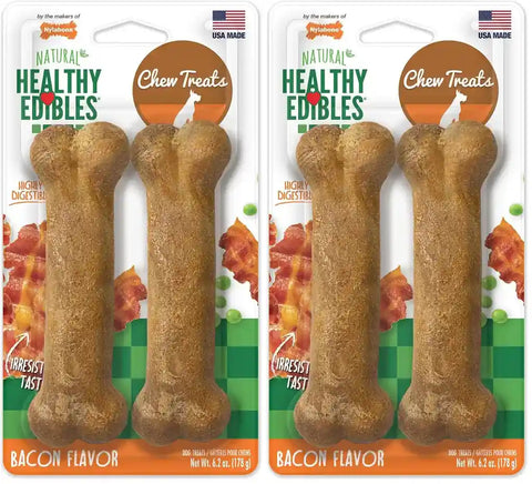 Two 2-packs of Nylabone bacon flavor healthy edible dog chews side-by-side.