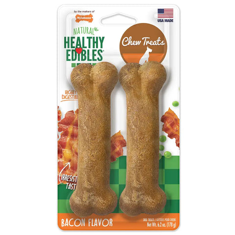 Nylabone Natural Healthy Edibles bacon flavor dog chew treats 2-pack featuring "Irresistible Taste" callout.