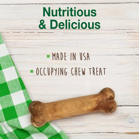 Single Nylabone healthy edible chew on a wooden surface highlighting "Made in USA" and "Occupying Chew Treat."